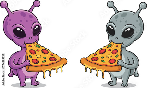 Cute purple and gray aliens eating cheesy pizza slices, funny extraterrestrial characters illustration, cartoon food and space art