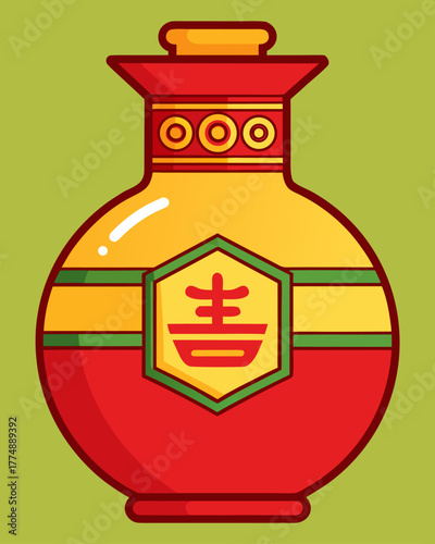 Chinese rice wine jar image. Cartoon vector illustration
