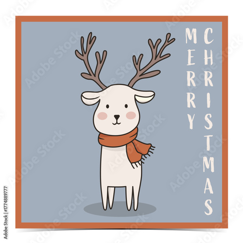 Merry Christmas - cute greeting card, postcard, invitation with an adorable white reindeer on a light blue background, vector illustration