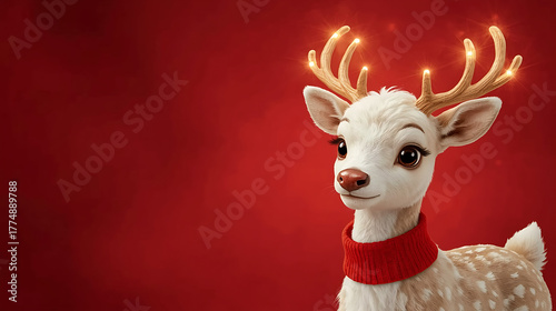 Cute Christmas Reindeer with Glowing Antlers on Red Background