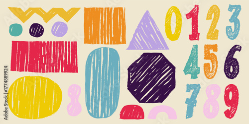 Colorful abstract geometric shapes and figures drawn with crayon. Modern doodle numbers and primitive elements in naive Swiss design style. Funky creative vector illustration background.