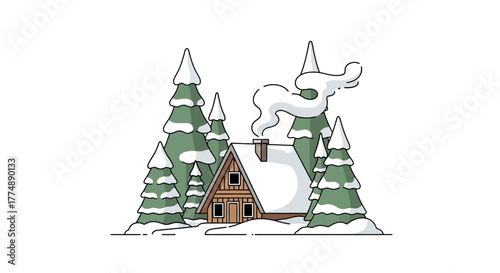 Cozy winter cabin nestled among snow-covered pine trees, evoking a sense of warmth, seclusion, and holiday charm. Ideal for illustrating winter vacations, festive greetings, or seasonal designs.
