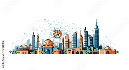 Futuristic Middle Eastern Skyline with AI Integration, showcasing technological advancements and cultural heritage for innovative urban planning concepts.