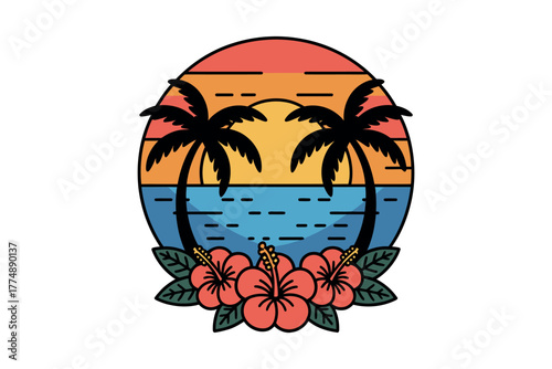 Vibrant tropical sunset with palm trees and hibiscus flowers evokes a peaceful beach paradise.