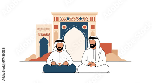 Two Emirati men in traditional dress in front of an ornate building showcasing cultural heritage and promoting tourism in the United Arab Emirates.