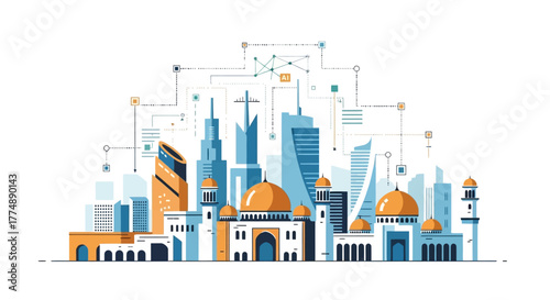 Vibrant Vector Illustration of a Cosmopolitan Cityscape with Architectural Diversity and Interconnected Networks, ideal for urban planning and infrastructure