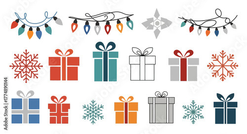 Festive Christmas Icons Featuring Colorful Lights, Gift Boxes, and Snowflakes on a Clean White Background, Suitable for Holiday Designs and Greetings