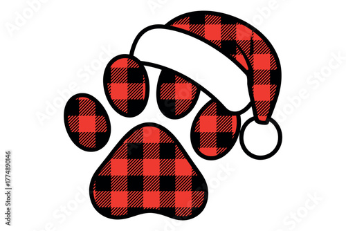 Festive plaid paw print wearing a Santa hat, celebrating the holidays with a furry friend