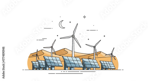 Illustration of Renewable Energy Sources Featuring Solar Panels and Wind Turbines, ideal for promoting environmental sustainability and clean energy initiatives