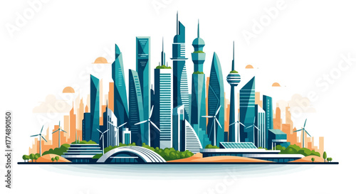 Futuristic city skyline showcasing sustainable architecture, renewable energy, and innovative urban planning.