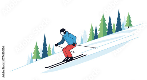 Skier descending a snowy slope with evergreen trees in the background, perfect for active lifestyle, winter sports, and outdoor adventure themed projects