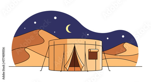 Desert Camping Adventure Illustration Under Starry Night Sky, Perfect for Travel Blogs, Ecotourism Promotions, and Educational Resources