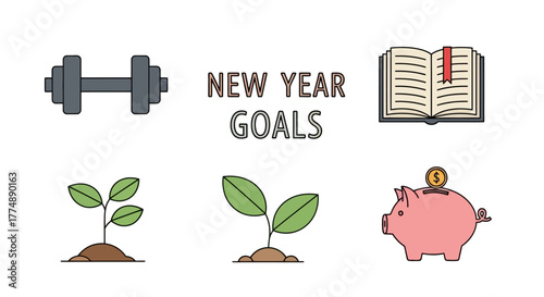 Resolutions and Aspirations New Year's Graphic Illustration with Fitness, Learning, Growth, and Financial Planning Icons for Personal Development