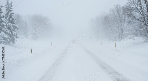 A severe winter blizzard rages across the landscape, burying roads and trees under thick drifts of heavy, blowing snow. Extreme cold warning ,whiteout ,climate ,blizzard