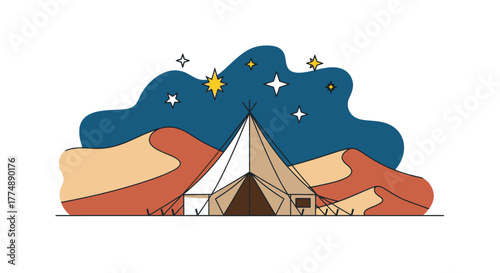 Minimalist desert camping illustration featuring a tent nestled between sand dunes beneath a starry night sky.