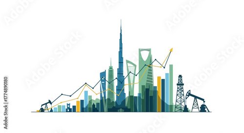 Middle East Economic Growth with Skyline, Oil Rigs, and Rising Chart Lines Depicting Financial Success and Development in the Arabian Peninsula