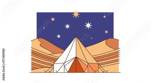 Serene desert camping illustration featuring a traditional tent under a starry night sky, ideal for travel and adventure themed designs.