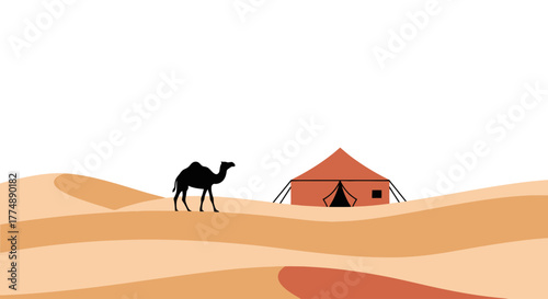 Minimalist Desert Landscape Illustration Featuring a Camel and Tent, Ideal for Travel Brochures and Middle Eastern themed Graphic Designs