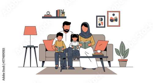 Warm Muslim Family Reading Together on Sofa in Minimalist Living Room, Promoting Family Values, Education, and Cultural Understanding for Advertising and Editorial Use