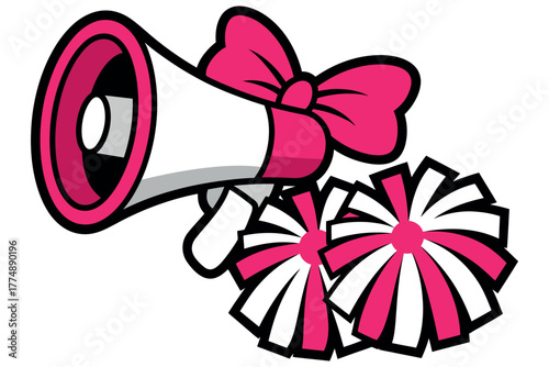 Bright megaphone with pink bow and pom-poms, symbolizing cheer and excitement for an event.