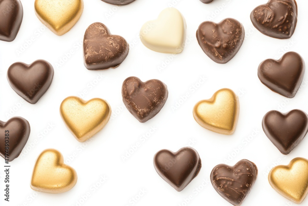 Fototapeta premium Heart-shaped chocolate candies in gold and brown tones, isolated on white.