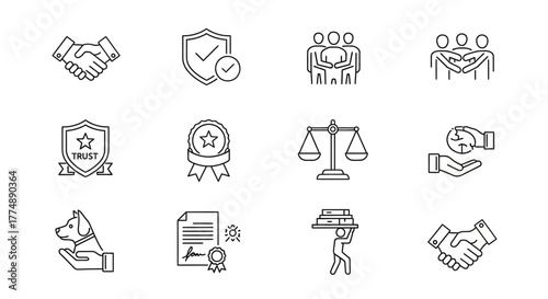 Partnership and Integrity Line Icon Set – Trust, Agreement, and Teamwork Vector Illustration