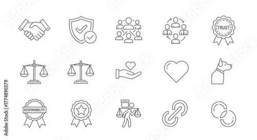 Partnership and Integrity Line Icon Set – Trust, Agreement, and Teamwork Vector Illustration