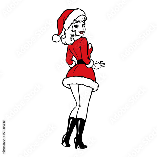 Pin‑Up Style Mrs Santa in Christmas Outfit – Detailed Christmas Holiday Winter Vector Illustration