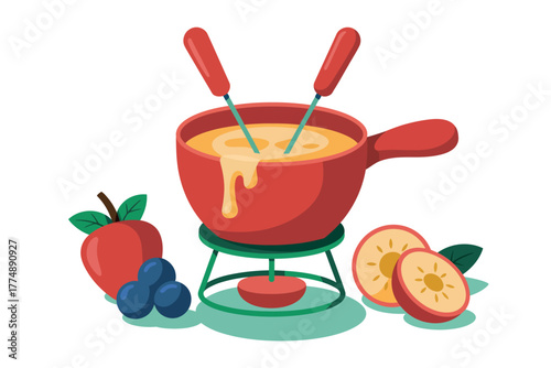 Illustration of a cheese fondue pot with apples and blueberries on a white background