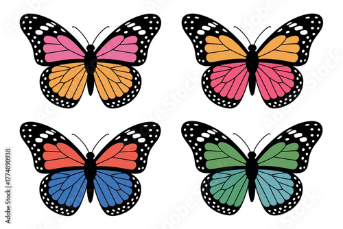 Illustration of four colorful butterflies with black bodies and white background