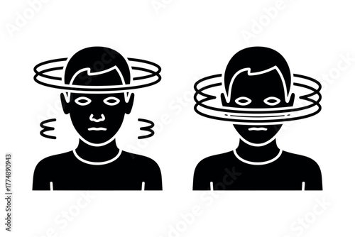 Illustration of two figures experiencing dizziness with circles around their heads