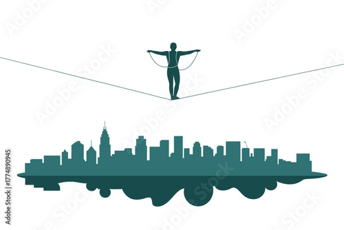 Silhouette of a person walking on a tightrope above a city skyline illustration