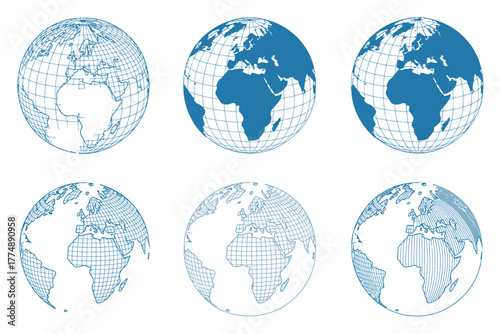Six globe illustrations showcasing europe and africa with varying styles and colors