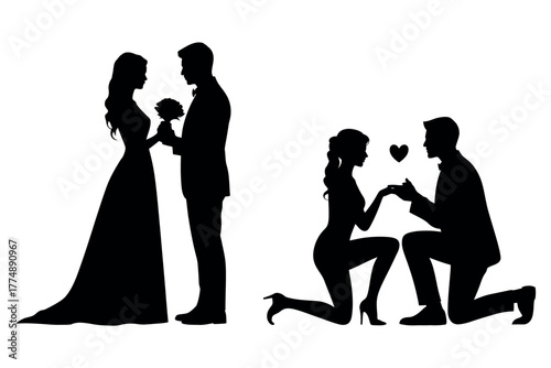 Silhouette of a couple getting married and a man proposing to a woman on knee