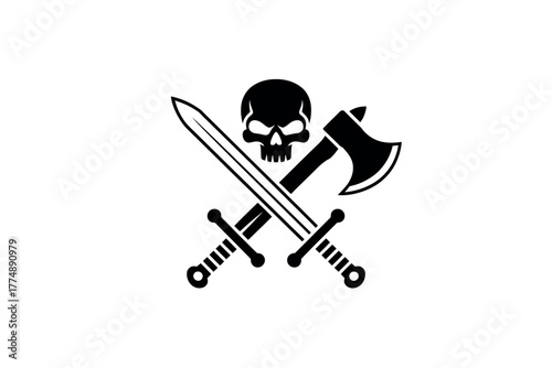 Black and white illustration of skull above crossed swords and axe on white background