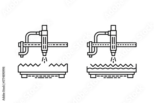 Two waterjet cutting machines with different cutting patterns in line drawing