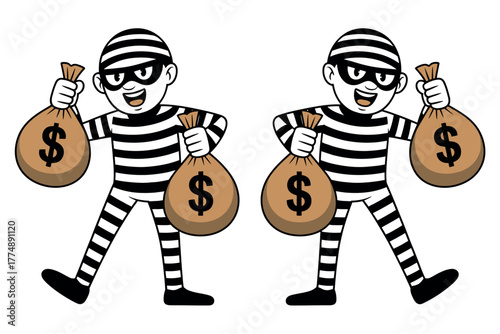 Two cartoon robbers in striped outfits holding bags of money with dollar signs on them