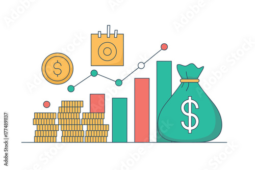 Illustration of stacked coins chart and money bag representing financial growth