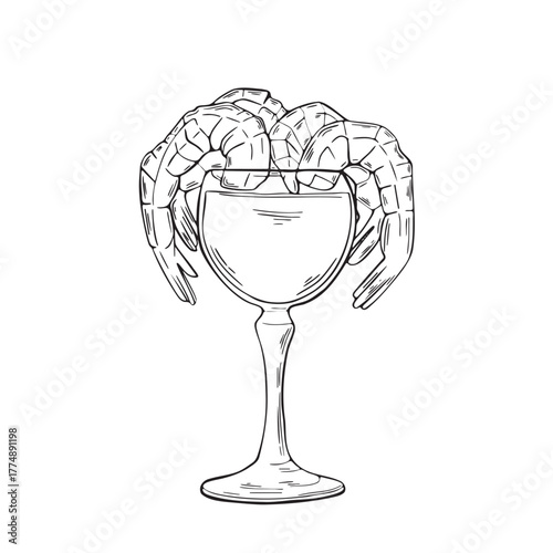 Cocktail with shrimps outline vector. Perfect for restaurant menus, food packaging, culinary blogs, posters, and elegant seafood branding.