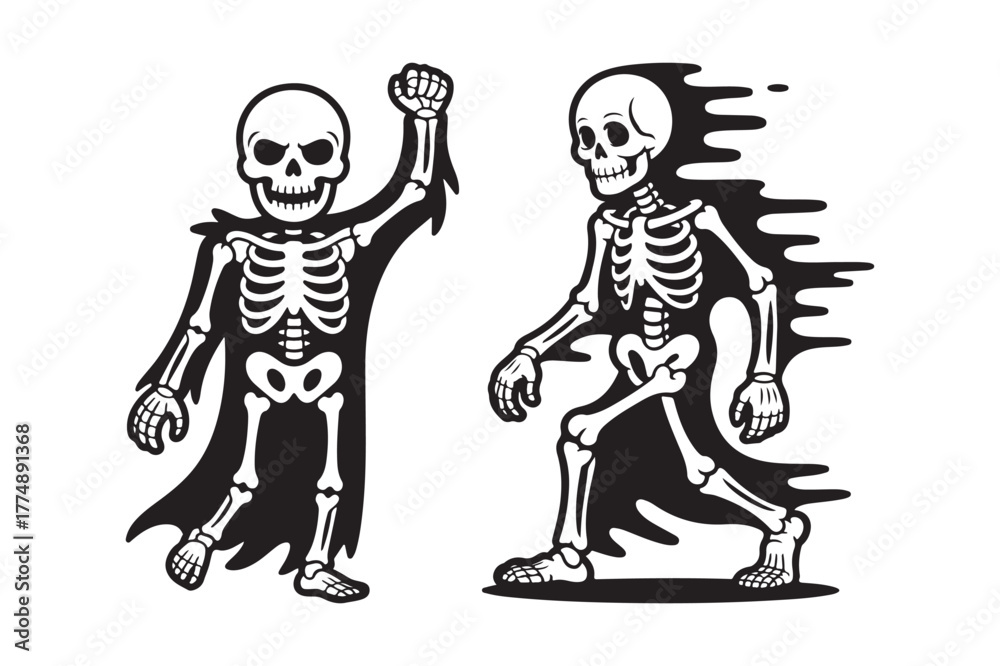 Fototapeta premium Two skeletons celebrating and running with flowing capes