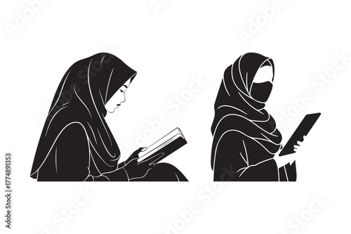 Two women in hijabs reading books and using devices