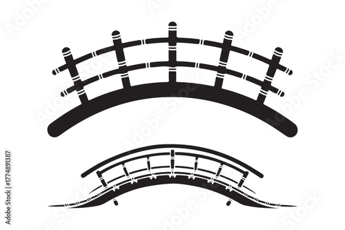 Two stylized black silhouette bridges with wooden railings