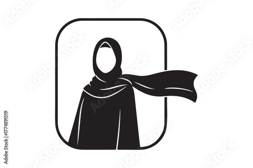 Elegant black silhouette of a woman wearing a hijab and flowing scarf