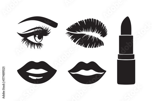 Black and white makeup icons featuring eye lips and lipstick