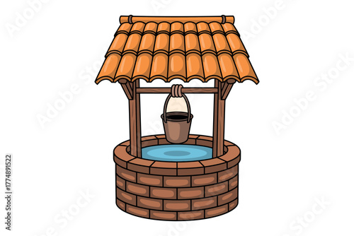 Classic brick well with a tiled roof and bucket ready to draw water