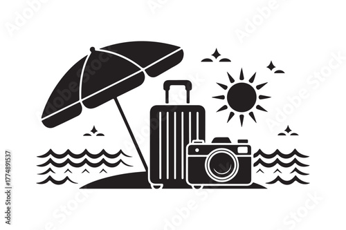 Beach vacation essentials with umbrella suitcase and camera