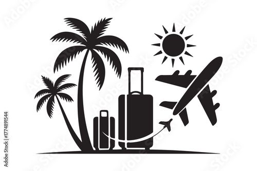 Tropical vacation travel icons with suitcases and airplane