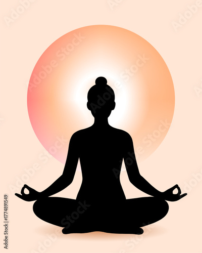 A minimalist digital illustration of a person's silhouette in a meditative pose. The work conveys an atmosphere of inner balance, harmony, and tranquility