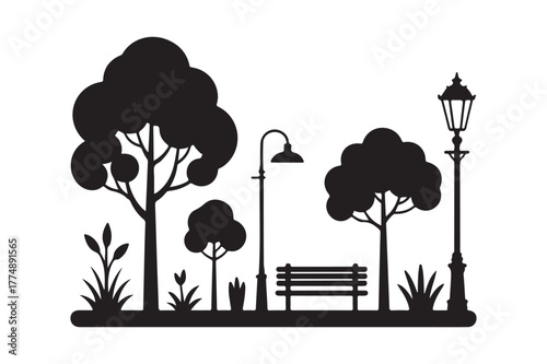 Park silhouette with trees bench and lampposts