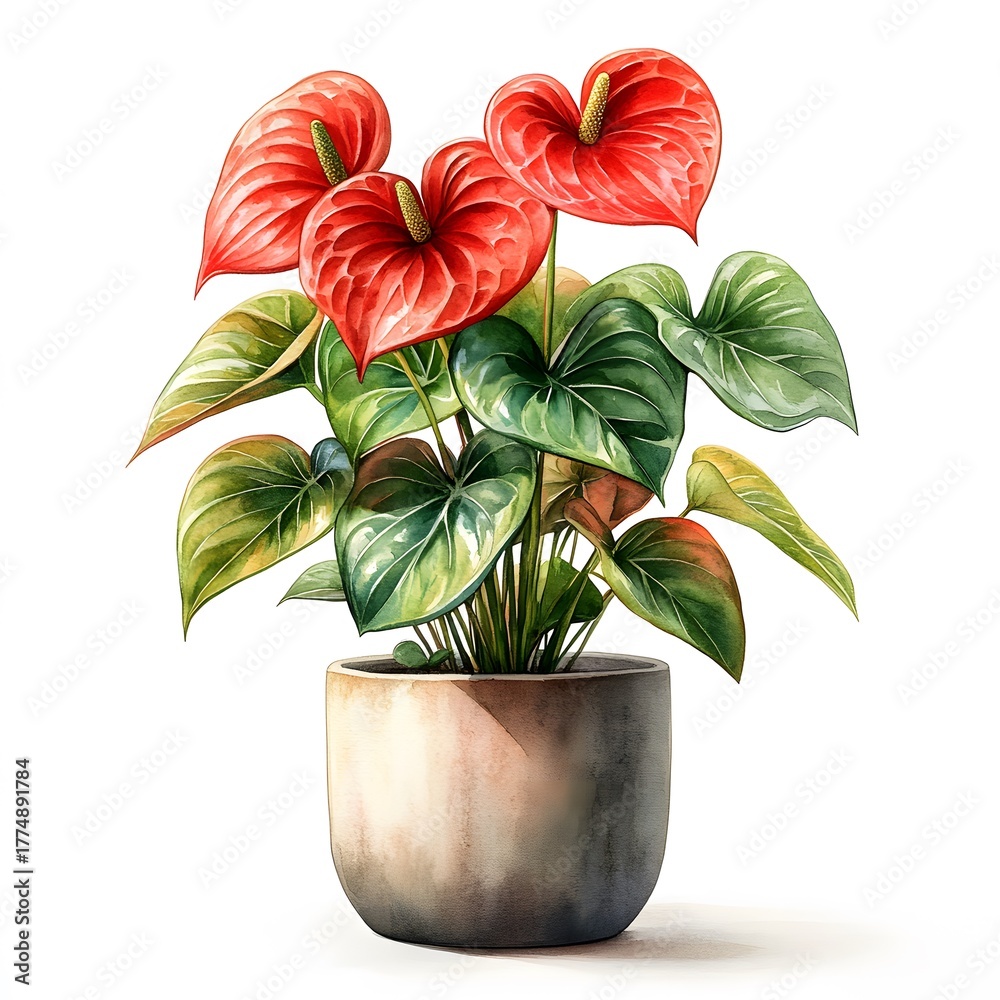 Obraz premium Watercolor Potted Houseplants Set – Monstera, Anthurium, Orchid, Succulents, Palm, Fern, Ficus – Botanical Greenery Illustrations